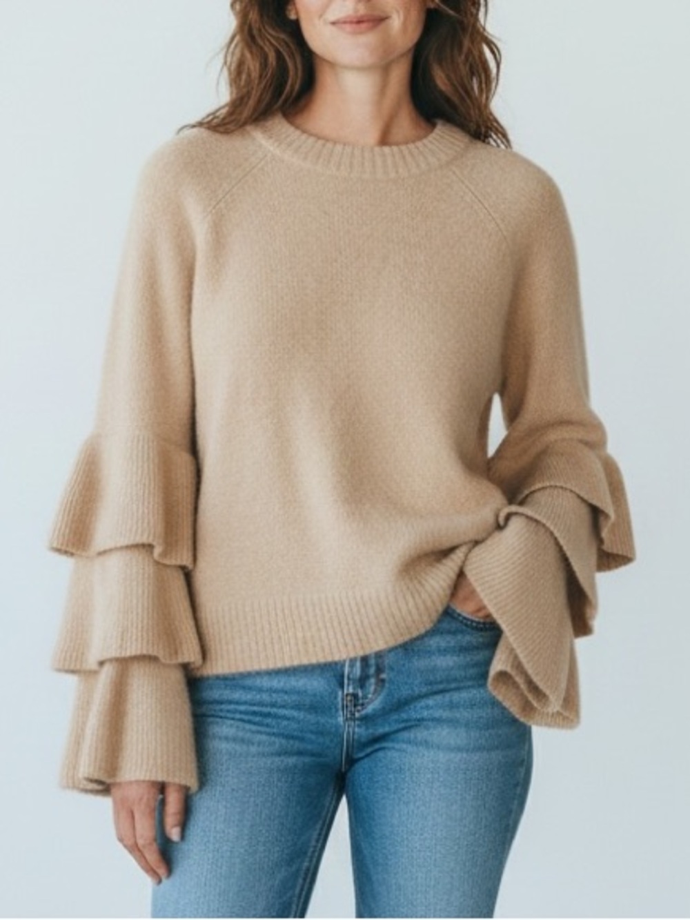 WILDFLOWER Yellow Springs | Beige Ruffled Tiered Sleeves Cotton Blend Sweater L